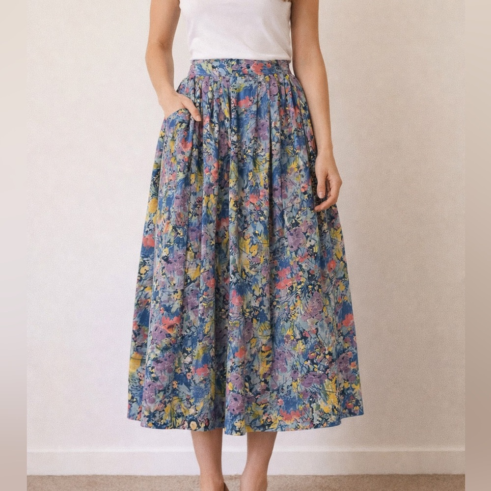 Vintage CODE 7 Floral Abstract Pleated MIDI Skirt•27”Waist•Pockets